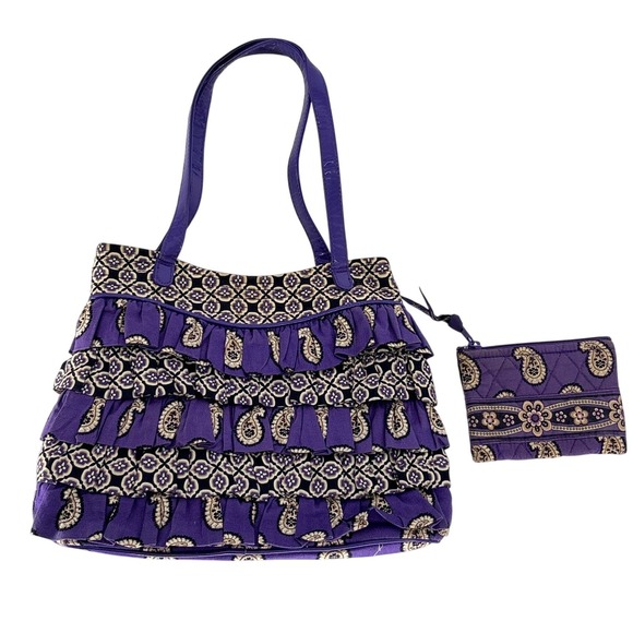Vera Bradley Handbags - Vera Bradley Purple Paisley Ruffled Handbag Quilted Shoulder Tote Wallet Set